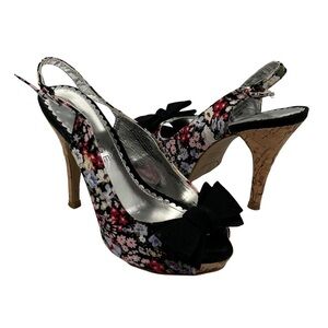 Rampage Black Girasole Floral Bow Ankle Strap Cork Heel Sandals Size 6 Women's